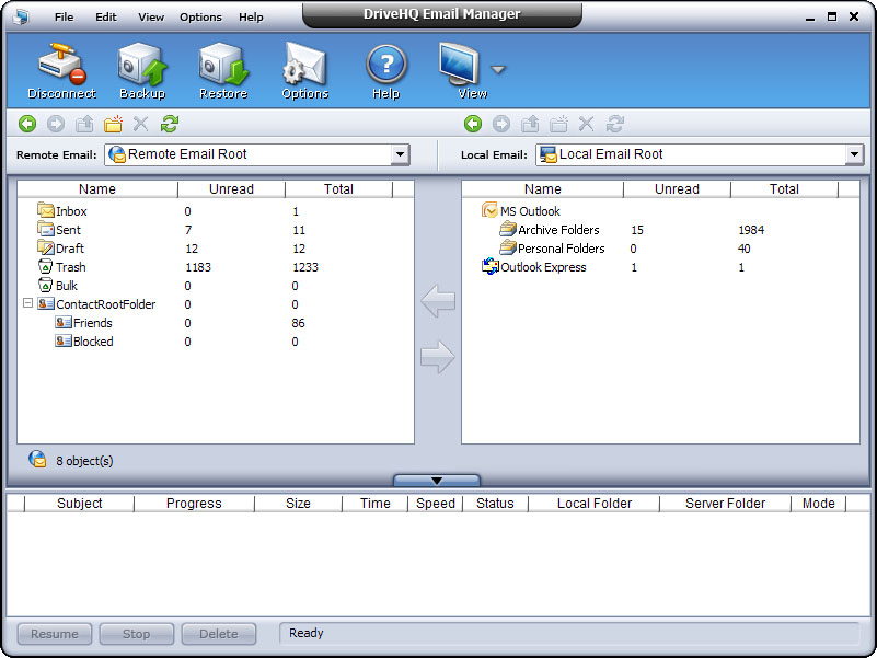 DriveHQ Email Manager screenshot (Email Backup)